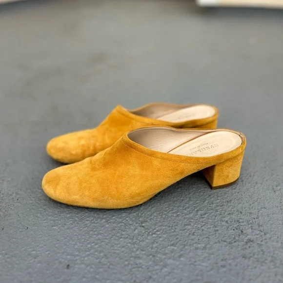 Everlane Mustard Yellow Suede Block Heel Mules - Picture 2 of 11